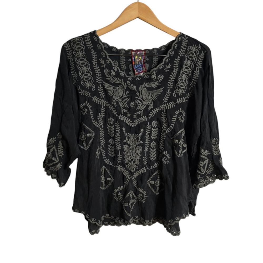 Johnny Was Charcoal Embroidered Blouse